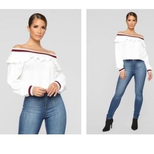 White off the shoulder ruffle sweater